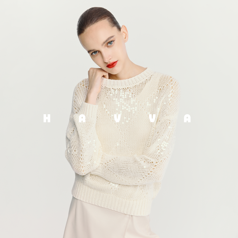 HAVVA设计感镂空网眼长袖针织衫亮片点缀女士上衣2026春季M3-4472,女装/女士精品,毛针织衫,淘宝优惠券,粉丝福利购,淘宝优惠卷