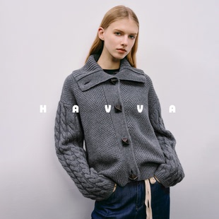 HAVVA设计感宽松大翻领针织开衫 女士保暖毛衣外套2025秋冬L13140