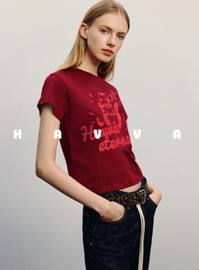 HAVVA印花圆领短袖T恤正肩修身长绒棉女士半袖2026夏季T3-11610