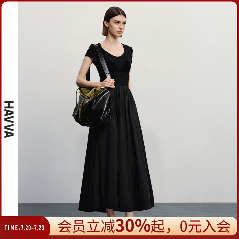 HAVVA设计感拼接连衣裙飘逸收腰修身显瘦女士裙子2025夏季Q3-2322