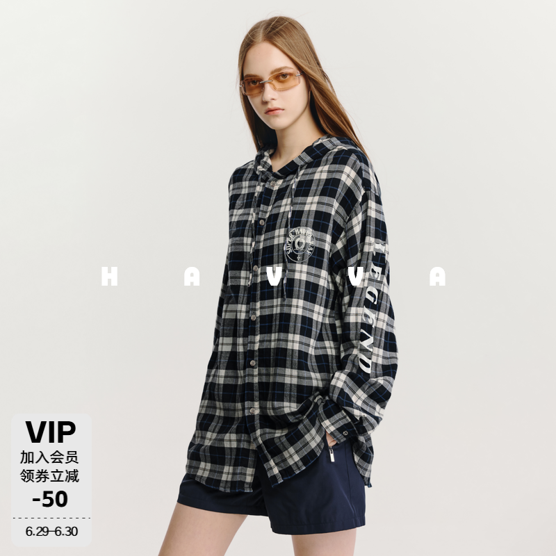 HAVVA经典格纹连帽衬衫宽松慵懒感女士开衫上衣2026秋季C3-4721
