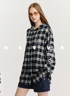 HAVVA经典格纹连帽衬衫宽松慵懒感女士开衫上衣2026秋季C3-4721