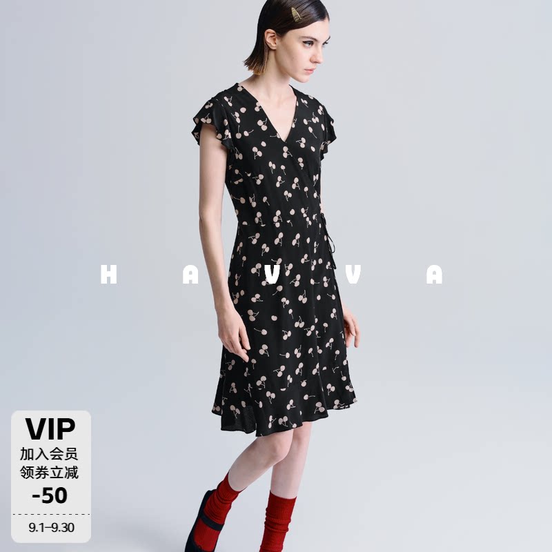 HAVVA法式V领围裹式碎花裙荷叶边收腰短款连衣裙2026夏季Q55662图片