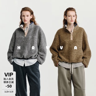 HAVVA设计感立领摇粒绒仿生皮草外套女士保暖上衣2025冬季 4087