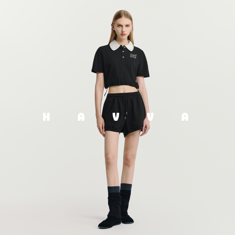 HAVVA拼色翻领正肩短袖T恤短裤两件套舒适女士套装2025夏Z3-2016