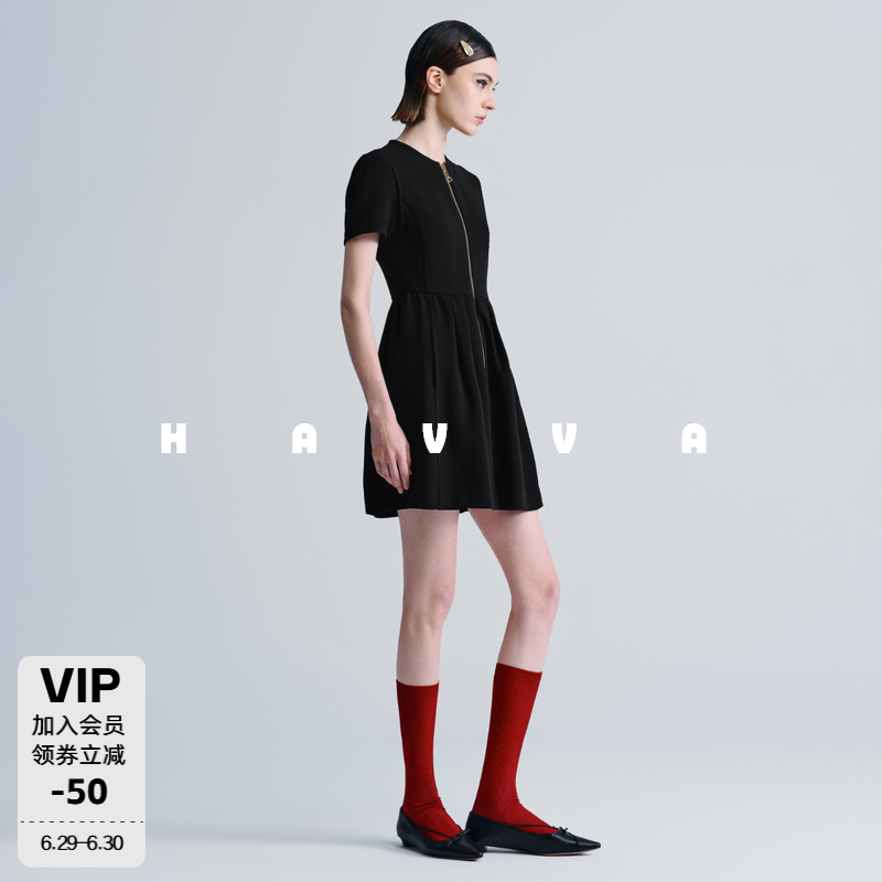 HAVVA天猫专供款修身A字圆领短袖连衣裙短款裙子2026夏季Q3-2066