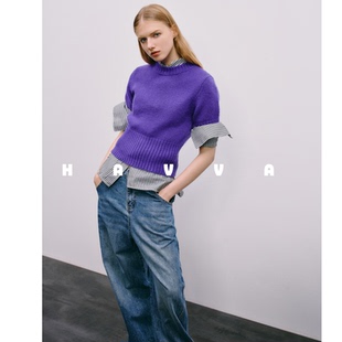 HAVVA今年流行可跨季穿搭短款半袖毛衣针织衫上衣2025秋冬M3-0553