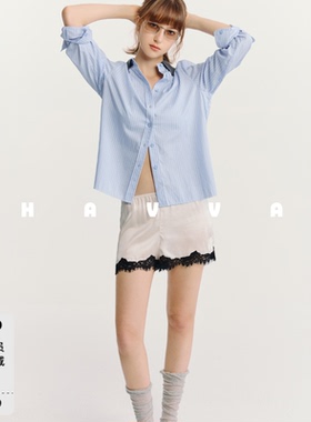HAVVA经典撞色翻领竖条纹长袖衬衫松弛感女士上衣2026秋季C3-4981