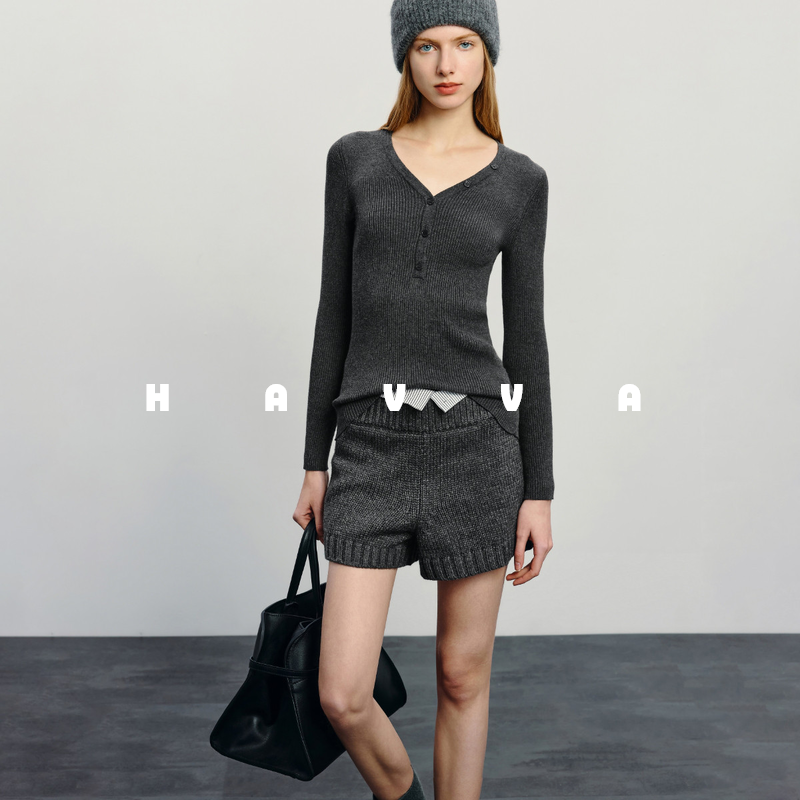 HAVVA高级感V领毛衣弹力修身内搭打底女士针织衫2025秋冬季M91560,女装/女士精品,毛针织衫,淘宝优惠券,粉丝福利购,淘宝优惠卷