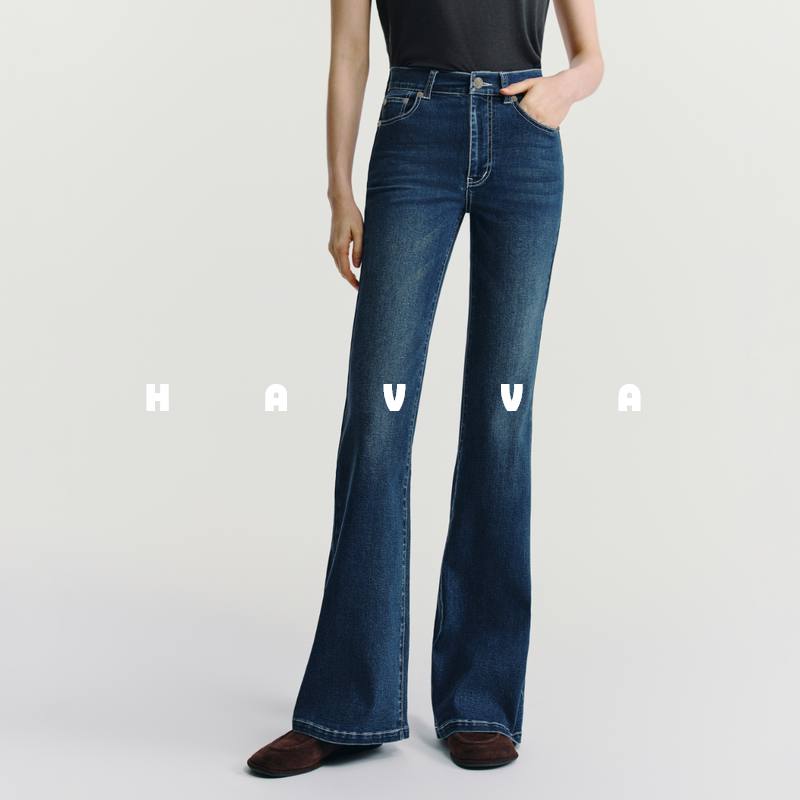 HAVVA经典好穿搭复古拖地微喇牛仔裤女修身显瘦2025秋冬KN3-3918