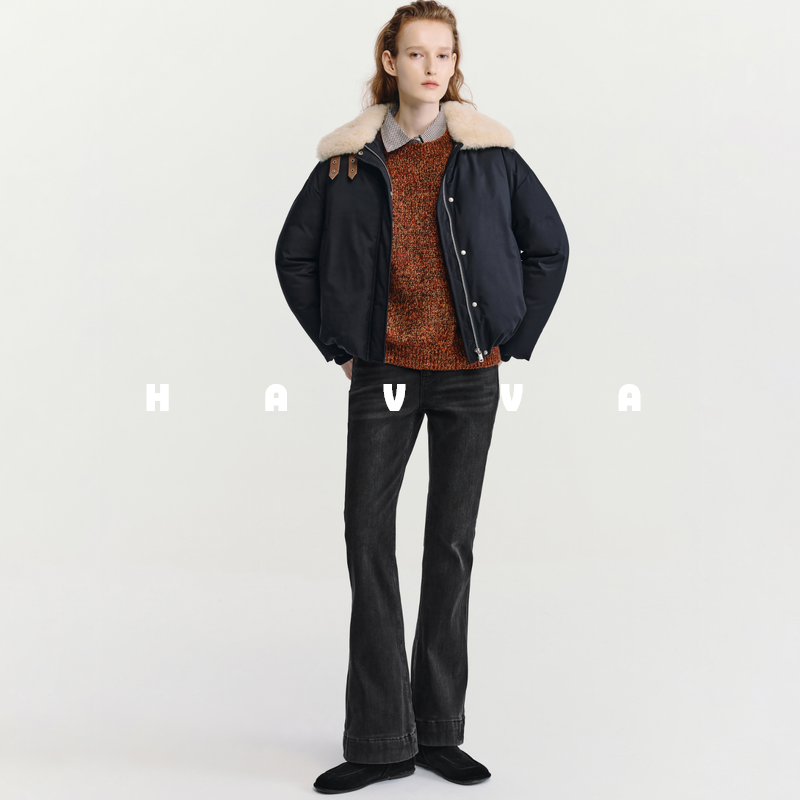 HAVVA修饰腿型微喇加绒加厚牛仔裤女舒适显瘦裤子2025冬KH3-3806