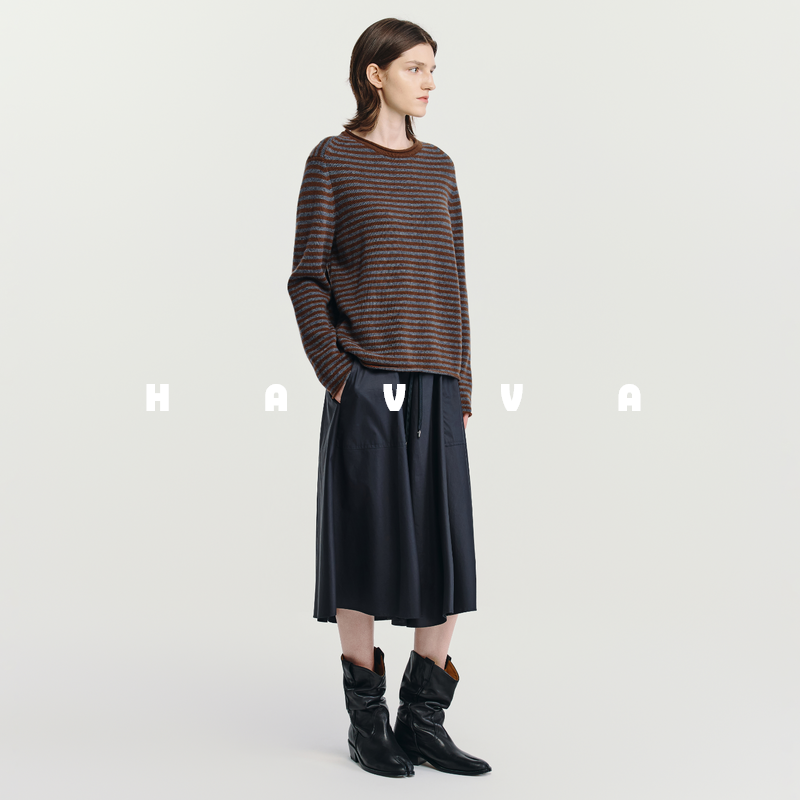 HAVVA圆领条纹套头长袖针织衫可内搭外穿女毛衣2025年秋季M3-4833