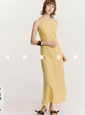 HAVVA莱赛尔亚麻挖肩挂脖斜纹剪裁长款无袖连衣裙2026夏季Q3-6553