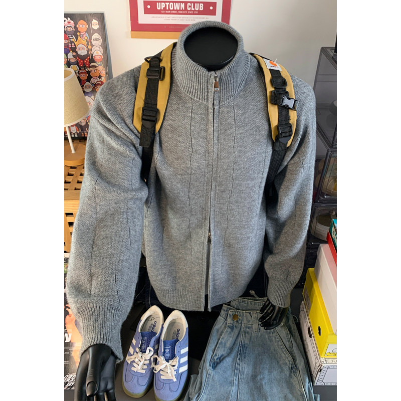 双拉链开衫毛衣男冬季2026新款大码纯色厚款立领外套休闲美式上衣