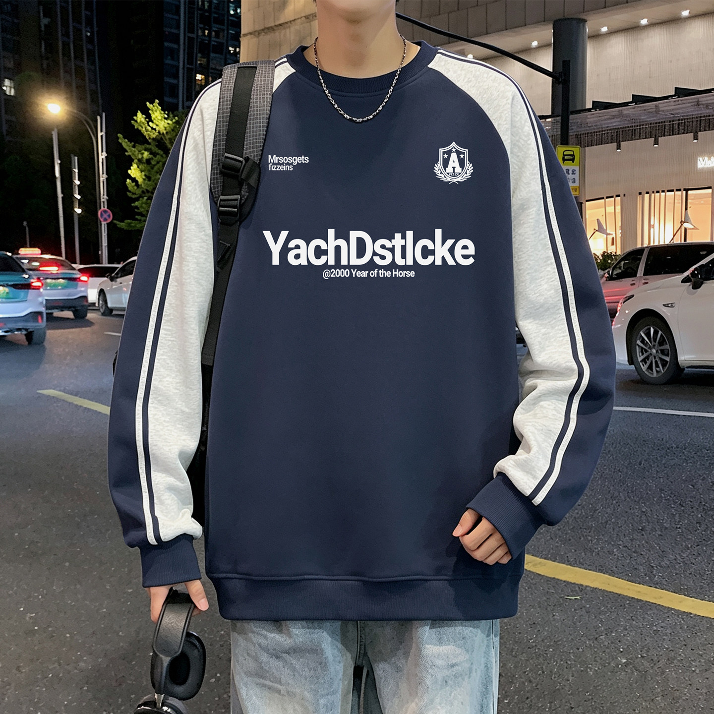 美式复古卫衣男春秋季新款字母印花拼接长袖上衣大码高街宽松外套