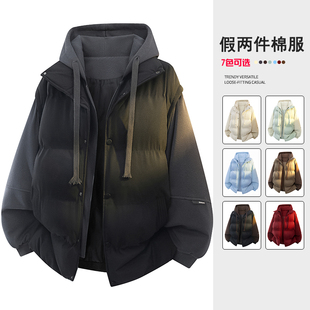 假两件棉服男秋冬季新款休闲开衫外套oversize美式大码潮牌棉袄子