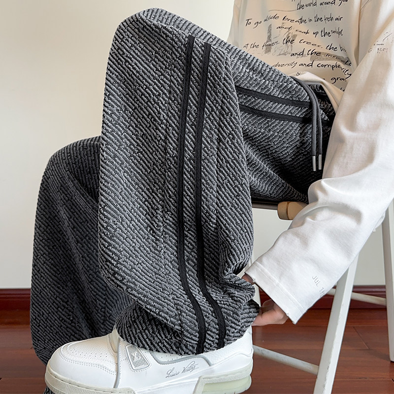 裤子男秋冬季条纹宽松垂感直筒裤大码高街拖地裤新款美式休闲长裤