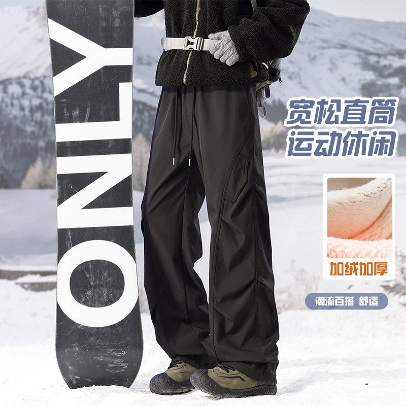 加绒保暖裤子男秋冬季2026新款褶皱工装裤休闲裤大码冲锋直筒长裤