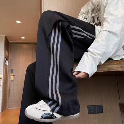 裤子男秋冬季新款大码宽松直筒裤ins美式休闲条纹拼接潮牌拖地裤