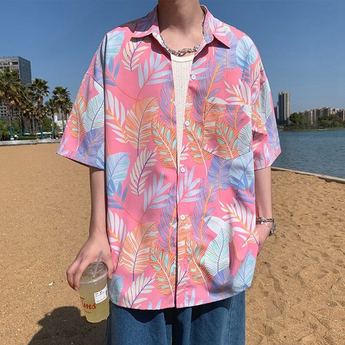 冰丝薄款透气短袖衬衫休闲花衬衣