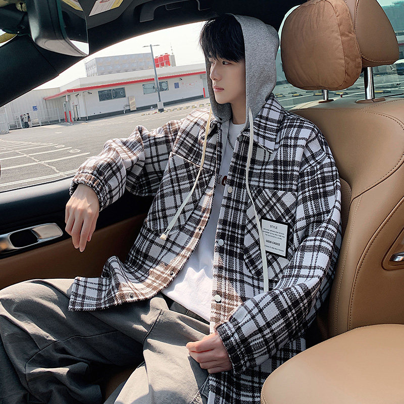 格子拼接夹克男春秋季2026新款假两件宽松复古外套可拆卸连帽上衣
