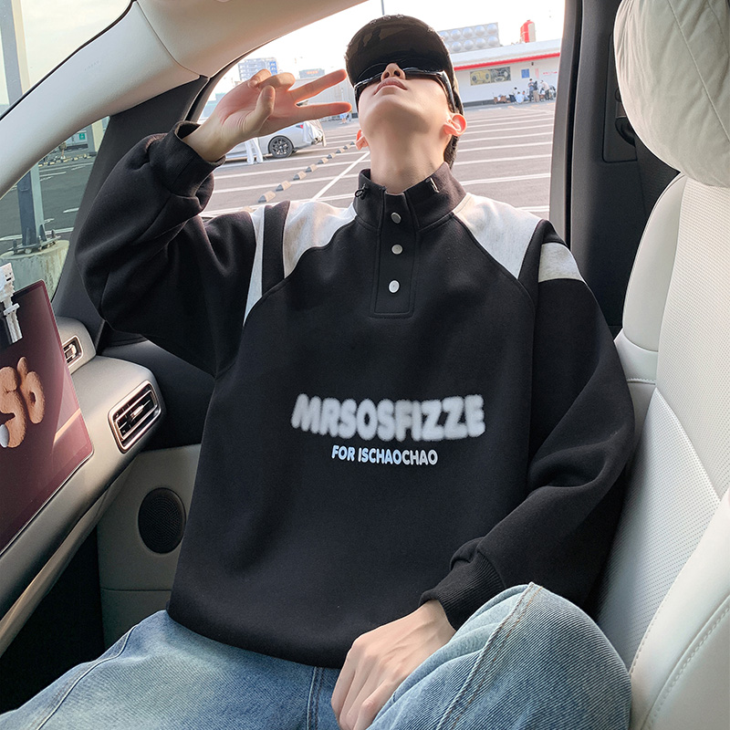 半高领套头卫衣男秋冬季2025新款宽松拼接立领上衣服潮牌加绒外套