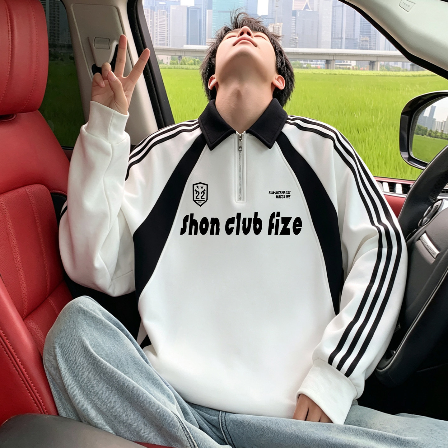 复古学院风翻领卫衣男春秋季新款休闲半拉链套头上衣大码长袖外套