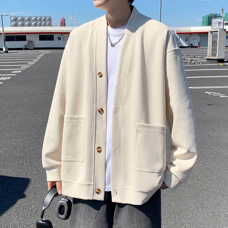 华夫格卫衣男春秋季新款纯色V领开衫外套大码美式男生休闲上衣服