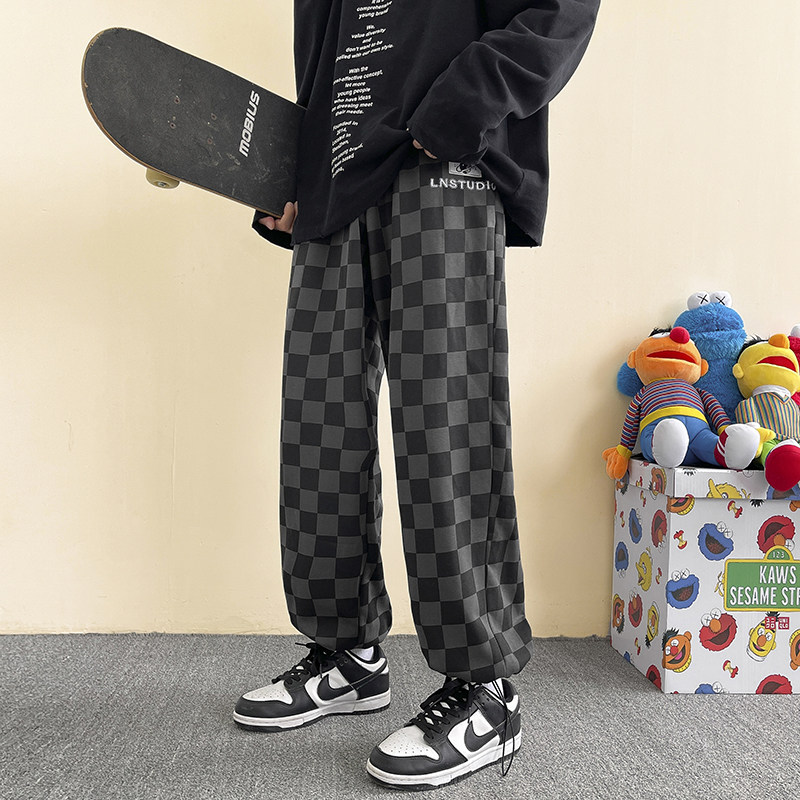 裤子男秋冬季棋盘格抽绳卫裤ins潮韩版宽松百搭工装束脚休闲长裤