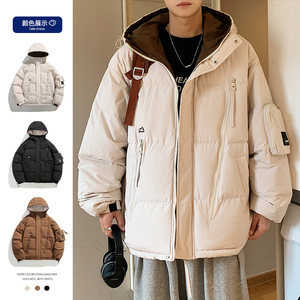 冬季宽松厚款连帽拉链开衫棉服男ins潮流撞色面包服美式棉衣外套