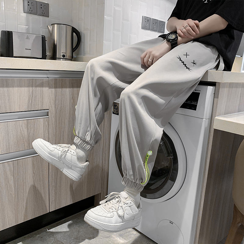 休闲裤男潮流宽松笑脸撞色美式高街抽绳束脚春秋季工装ins运动裤