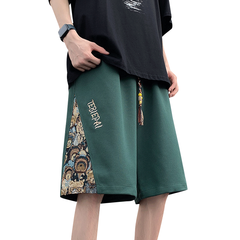 刺繡拼接運動短褲男夏季薄款美式復古高街ins潮牌寬松休閑五分褲5
