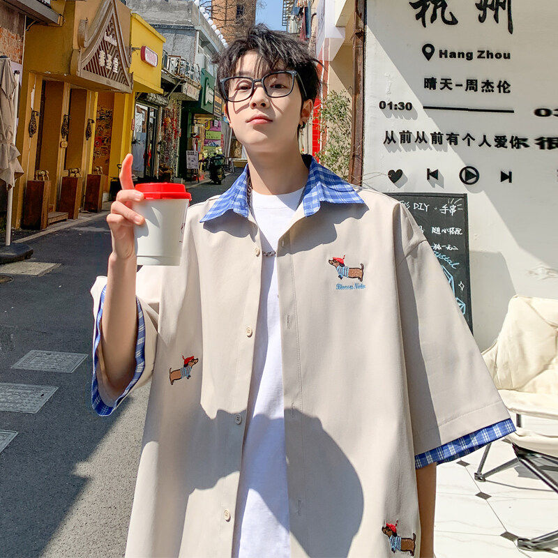 港风大码刺绣卡通宽松短袖衬衫男夏季新款透气休闲美式男装衬衣服