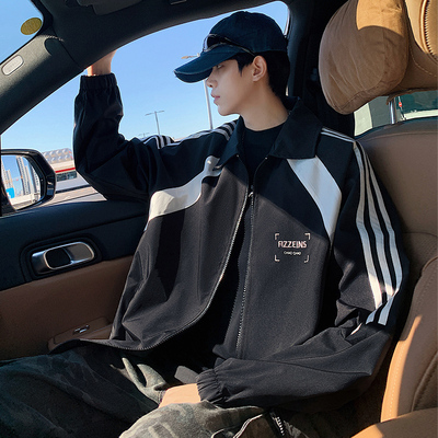 立领夹克男秋冬季2025新款条纹宽松休闲上衣高街潮牌美式开衫外套