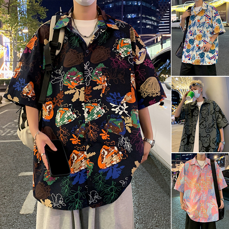 潮流宽松冰丝休闲印花短袖衬衫