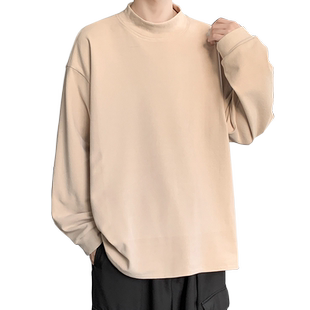 半高领纯色德绒长袖T恤男春秋季ins潮流针织休闲内搭打底衫可外穿