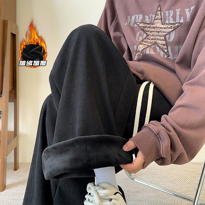 裤子男冬季2026新款加绒加厚纯色休闲长裤oversize港风宽松直筒裤