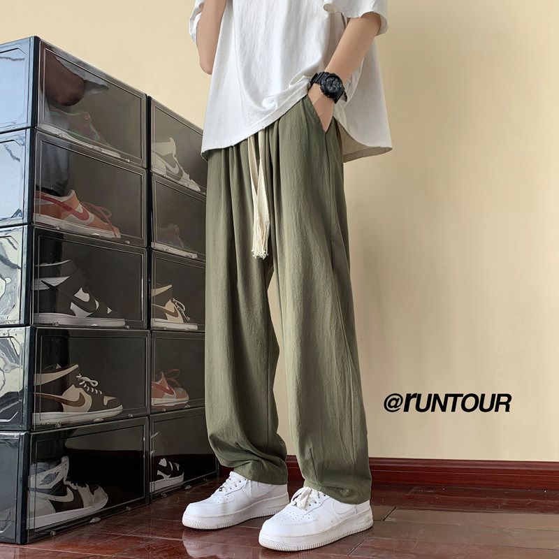 裤子男夏季冰丝薄款纯色潮流2026新款设计感阔腿复古抽绳休闲长裤