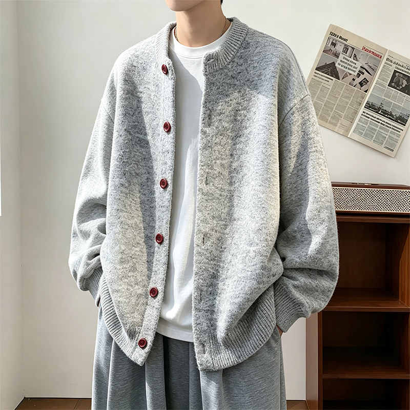单排扣开衫毛衣男秋冬季新款复古针织衫港风宽松休闲棒球服外套潮