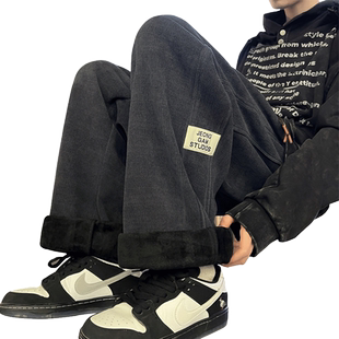 加绒加厚灯芯绒直筒裤子男秋冬季ins潮流休闲裤阔腿宽松运动长裤