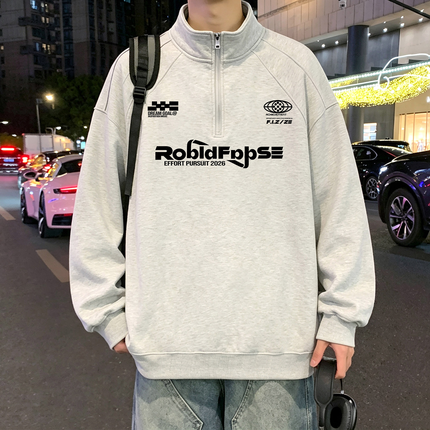 高街立领套头卫衣男新款重磅宽松大码外套春秋季休闲美式复古上衣
