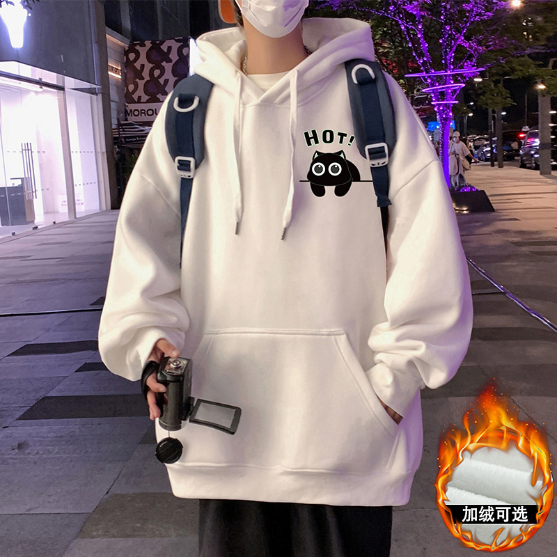 潮流宽松卡通小猫印花连帽卫衣