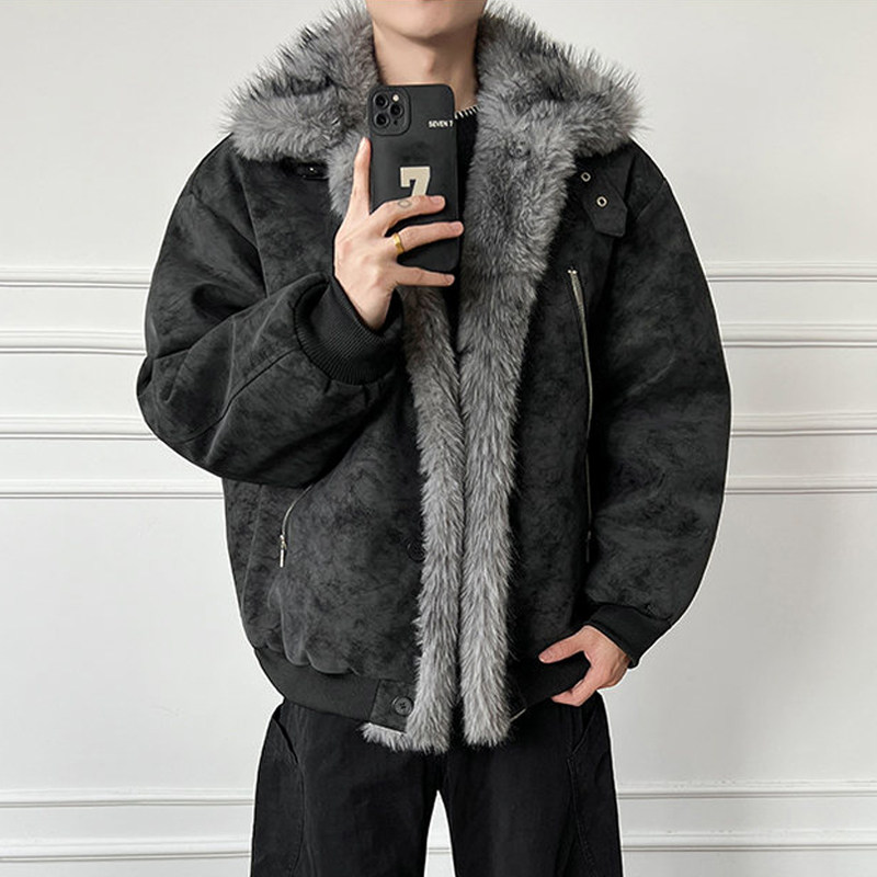 翻领棉服男秋冬季2026新款加绒保暖开衫上衣美式休闲长袖大码外套