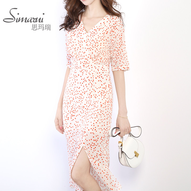 思玛瑞2020年夏季桑蚕丝显瘦v领樱桃印花过膝绑带收腰雪纺连衣裙