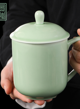 泥火匠景德镇青釉盖杯茶杯陶瓷办公杯带盖马克杯水杯送父母的茶杯