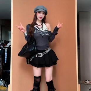 复古风休闲百搭印花长袖 T恤女两件套上衣 200克美式 人棉冰丝螺纹