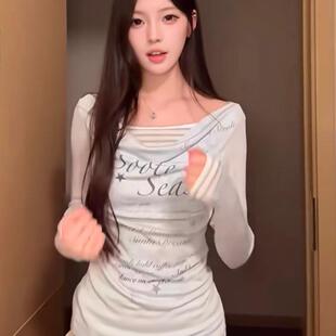 T恤女秋冬新款 人棉螺纹1 1美式 辣妹风长袖 显瘦上衣 设计感印花修身