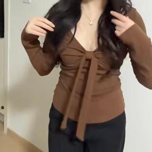 人棉螺纹1 街头潮流长袖 T恤女设计感小众纯色修身 辣妹上衣 1美式