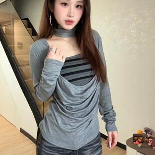 新款 人棉螺纹1 简约通勤辣妹上衣 T恤女春季 百搭长袖 1韩版 复古时尚