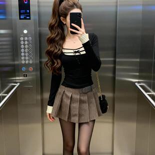 t恤女设计感小众修身 显瘦上衣 复古休闲百搭长袖 人棉螺纹1:1美式